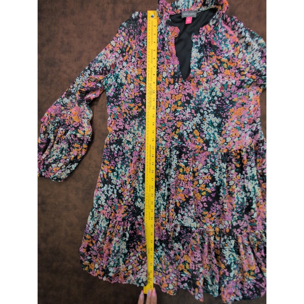 Vince Camuto Womens Floral Tiered Babydoll Mini Dress Long Sleeve Pink Black M - Picture 6 of 9